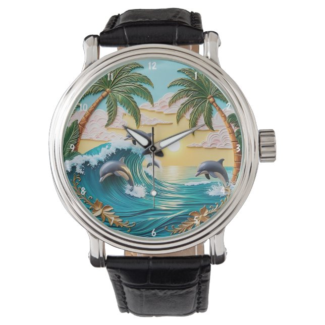 Reloj De Pulsera Palm Trees, Jumping Dolphins, and Ocean Sunset (Anverso)