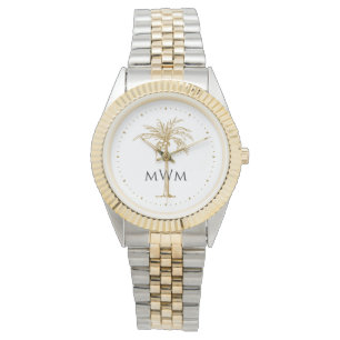 Reloj De Pulsera Palma Tropical Dorada Artística Monograma Negro