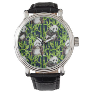 Reloj De Pulsera Panda Con Patrón De Acuarela De Bambú