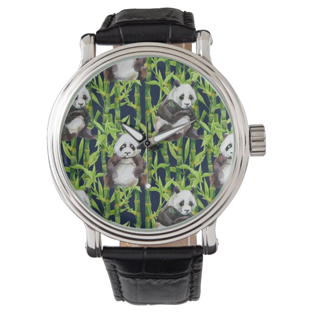 Reloj De Pulsera Panda Con Patrón De Acuarela De Bambú (Anverso)