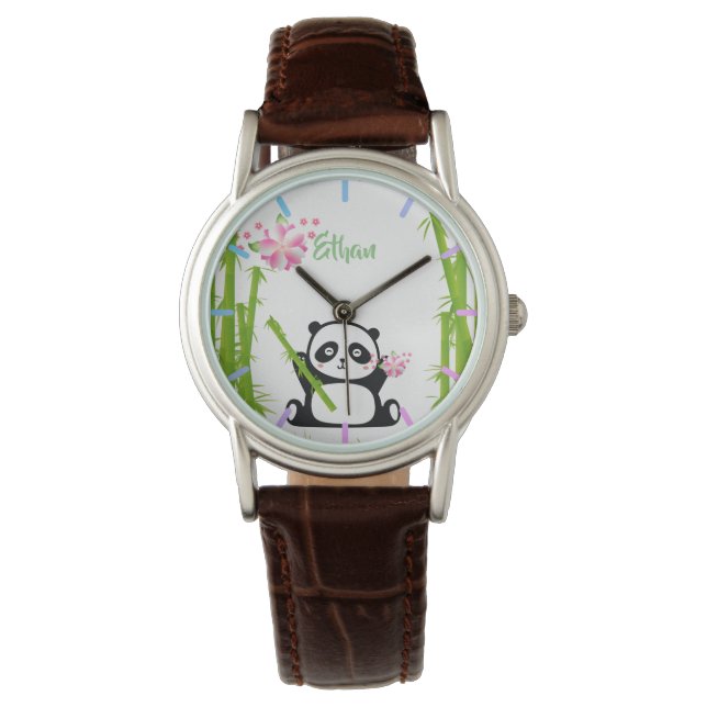 Reloj De Pulsera Panda feliz con flores de bambú y cerezo (Anverso)