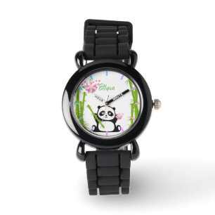 Reloj De Pulsera Panda feliz con flores de bambú y cerezo