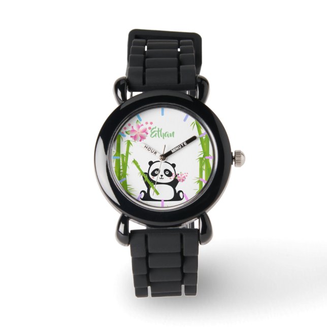 Reloj De Pulsera Panda feliz con flores de bambú y cerezo (Anverso)