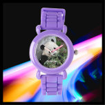 Reloj De Pulsera Panda Gigante Infantil, muñeca Purple Strap<br><div class="desc">La cara de este lindo reloj panda de niños es mi fotografía original tomada en Chengdu, China. Es un panda gigante adorable comiendo bambú. ¡Qué gran Navidad o regalo de cumpleaños para un niño que ama los pandas! Se puede personalizar con el nombre del niño, o se puede eliminar el...</div>