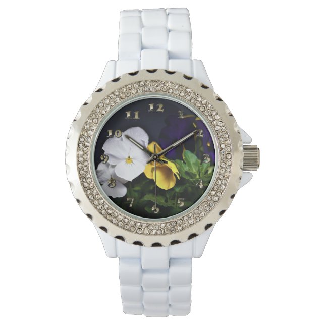 Reloj De Pulsera Pansias blancas amarillas y moradas (Anverso)
