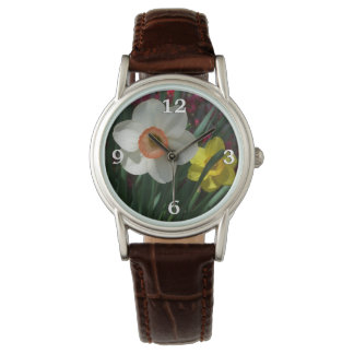 Reloj De Pulsera Par de flores de primavera rosadas y amarillas de
