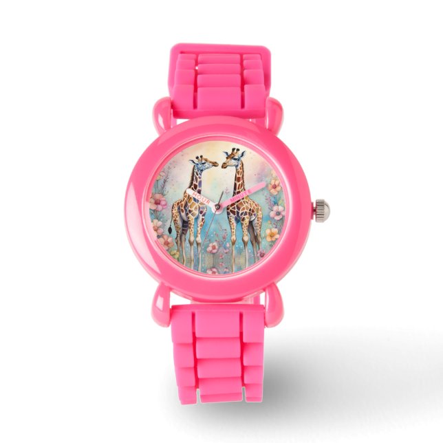 Reloj De Pulsera Par de jirafas en un jardín pastel (Anverso)