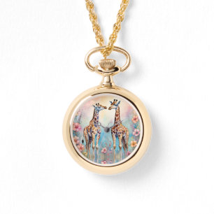 Reloj De Pulsera Par de jirafas en un jardín pastel