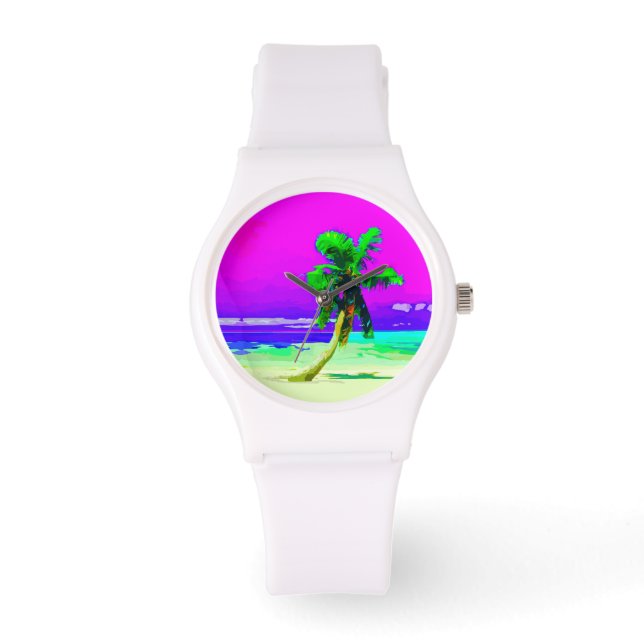 Reloj De Pulsera Paraíso del árbol de palmas rosado neón (Anverso)