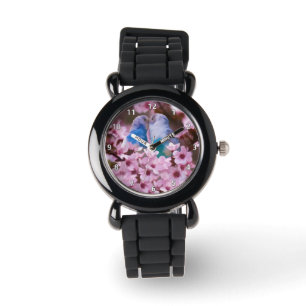Reloj De Pulsera Parakeets cariñosos y flores rosadas