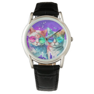 Reloj De Pulsera Pareja de gatos arcoiris