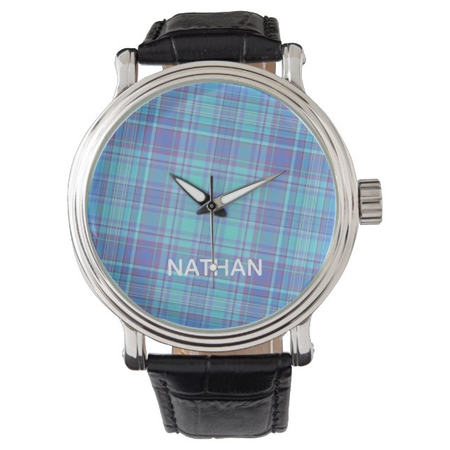 Reloj De Pulsera Pastel Blue Plaid personalizado (Anverso)