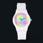 Reloj De Pulsera Pastel de arcoiris al borde del agua<br><div class="desc">Este diseño luminoso y colorido tiene un patrón cuadrado/marcado repitiendo con textura ligera en un arcoiris intenso de colores pastel. Es un diseño elegante, vibrante, de tablero de ajedrez enchapado en bonito que parece primavera. Disfruta como está o lo usas como fondo para tu texto o foto. Los números de...</div>