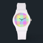 Reloj De Pulsera Pastel de arcoiris al borde del agua<br><div class="desc">Este diseño luminoso y colorido tiene un patrón cuadrado/marcado repitiendo con textura ligera en un arcoiris intenso de colores pastel. Es un diseño elegante, vibrante, de tablero de ajedrez enchapado en bonito que parece primavera. Disfruta como está o lo usas como fondo para tu texto o foto. Los números de...</div>