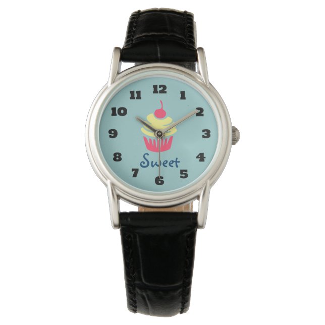 Reloj De Pulsera Pastel rosa y amarillo con cereza encima (Anverso)