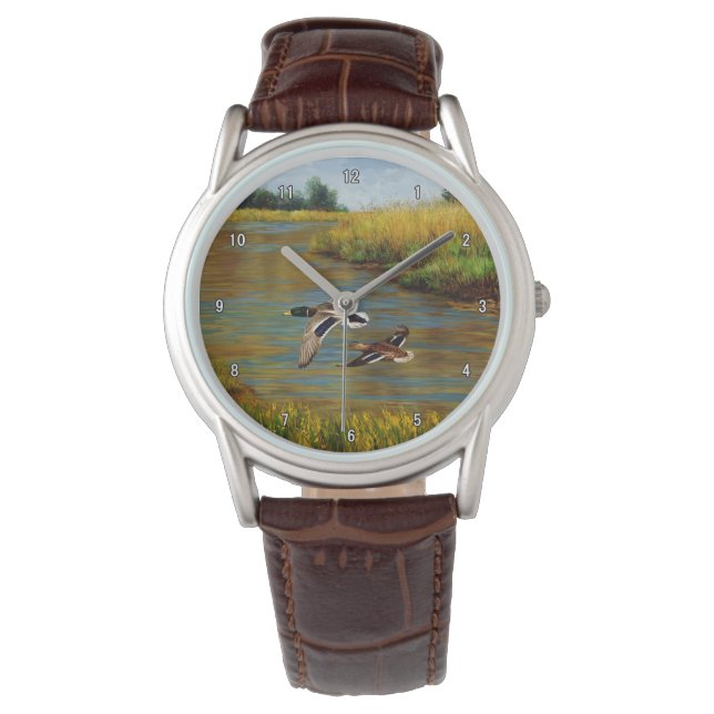 Reloj De Pulsera Patos Mallard Volando Sobre El Estanque (Anverso)