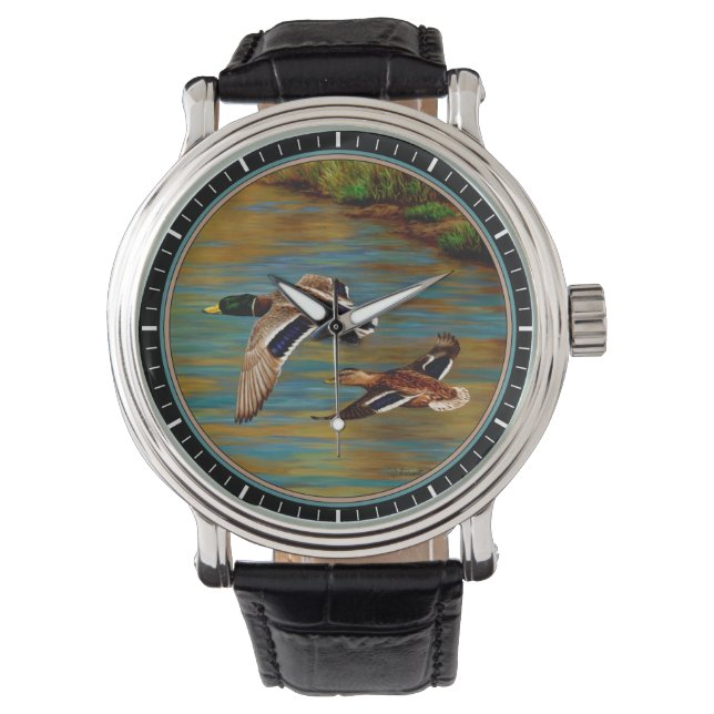 Reloj De Pulsera Patos Mallard Volando Sobre El Estanque (Anverso)