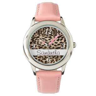 Reloj De Pulsera Patrón animal, marrón, rosa, monograma