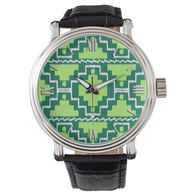 Reloj De Pulsera Patrón Azteca Ikat - Bosque y Verde Lima (Anverso)