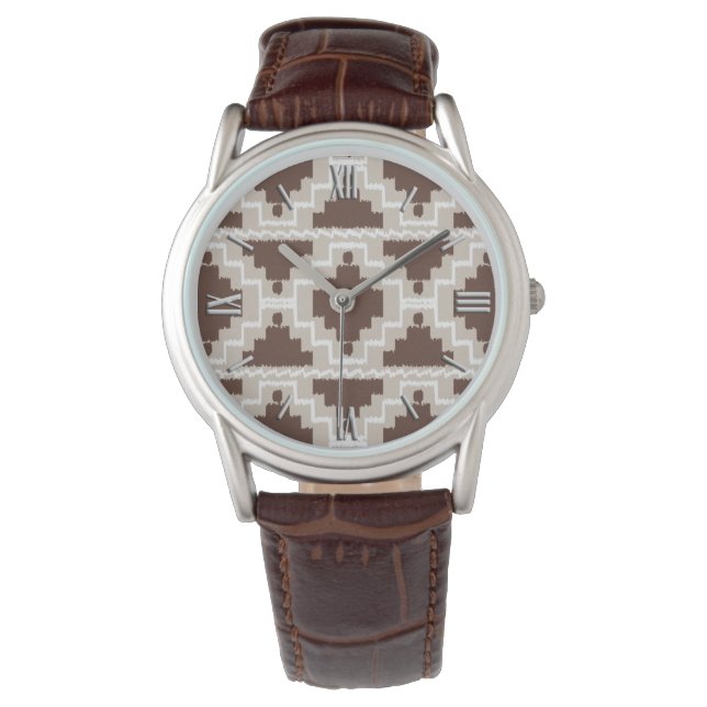 Reloj De Pulsera Patrón Azteca Ikat - Marrón chocolate y Taupe (Anverso)