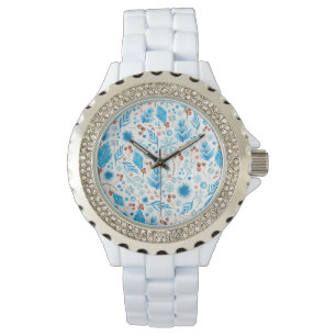 Reloj De Pulsera Patrón botánico de invierno azul en acuarela