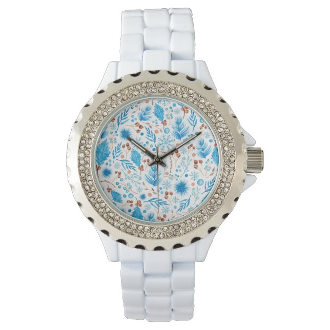 Reloj De Pulsera Patrón botánico de invierno azul en acuarela (Anverso)