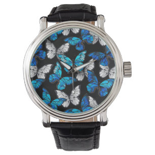 Reloj De Pulsera Patrón continuo oscuro con mariposas azules Morpho