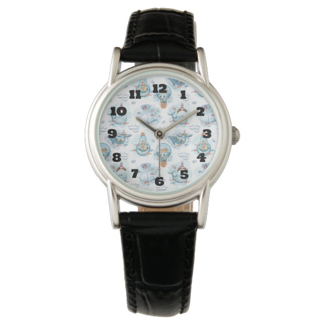 Reloj De Pulsera Patrón de acuarela de ballenas náuticas (Anverso)