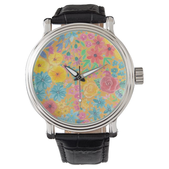 Reloj De Pulsera Patrón de acuarela floral en amarillo (Anverso)