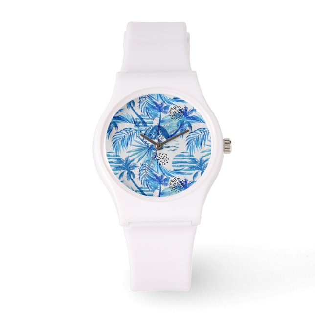 Reloj De Pulsera Patrón de acuarela tropical azul brillante (Anverso)