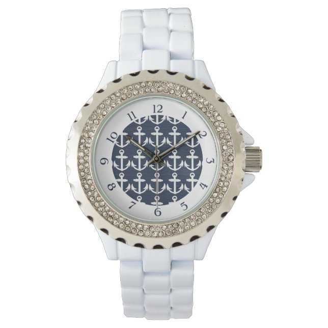 Reloj De Pulsera Patrón de anclaje náutico azul/blanco con números (Anverso)