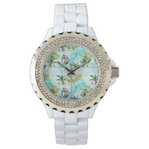 Reloj De Pulsera Patrón de árbol de palmas de color de agua abstr