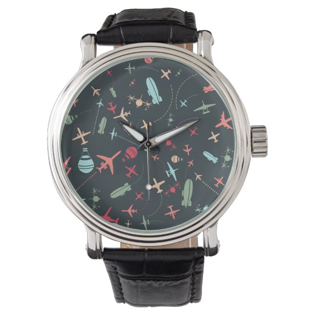 Reloj De Pulsera Patrón de avión negro y aviación (Anverso)