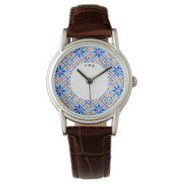 Reloj De Pulsera Patrón de azulejo mediterráneo con monograma