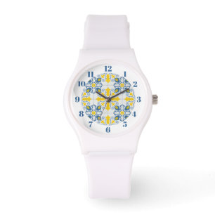 Reloj De Pulsera Patrón de azulejos azules y amarillos en portugués