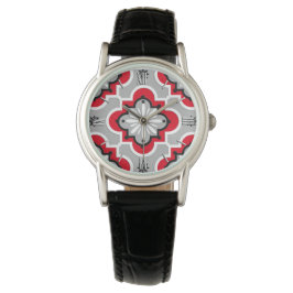 Reloj De Pulsera Patrón de baldosas marroquí - Gris y rojo
