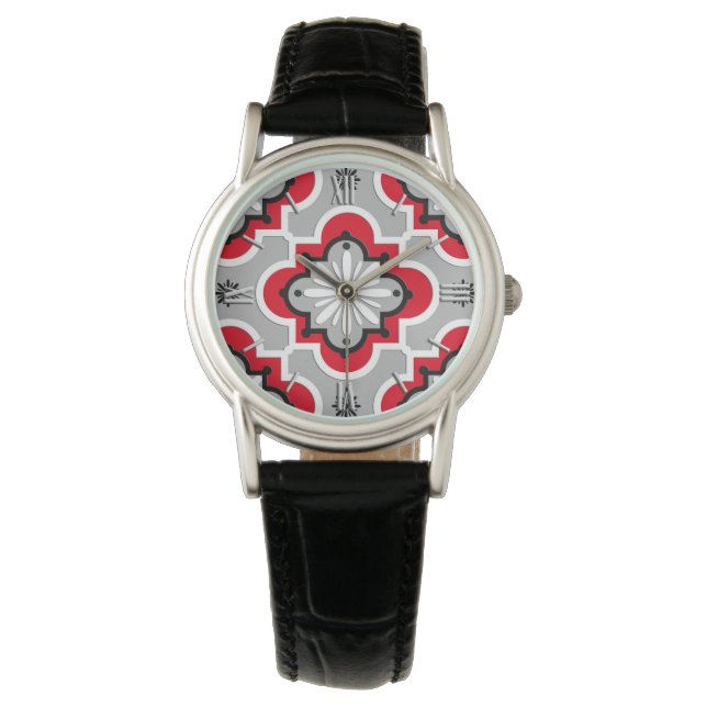 Reloj De Pulsera Patrón de baldosas marroquí - Gris y rojo (Anverso)