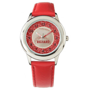 Reloj De Pulsera Patrón de béisbol rojo personalizado con béisbol