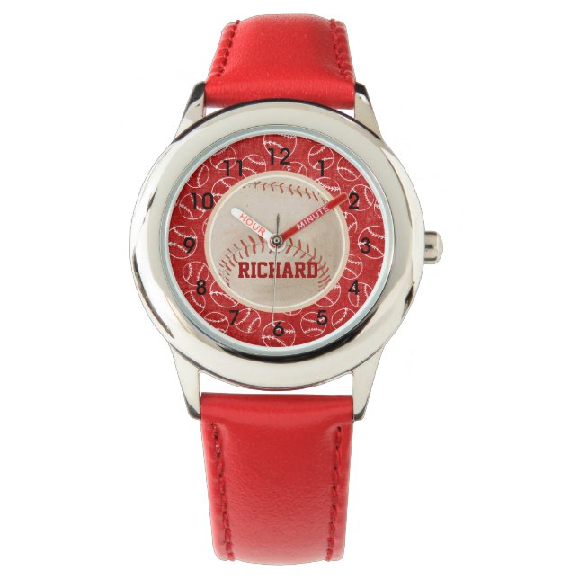 Reloj De Pulsera Patrón de béisbol rojo personalizado con béisbol (Anverso)