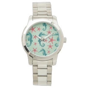 Reloj De Pulsera Patrón de caballitos de mar verde azulados 2
