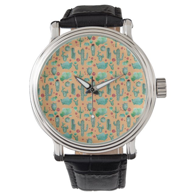 Reloj De Pulsera patrón de cactus y ladybug - fondo naranja (Anverso)