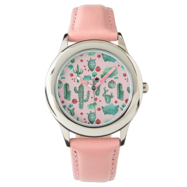 Reloj De Pulsera patrón de cactus y ladybug - fondo rosa claro (Anverso)