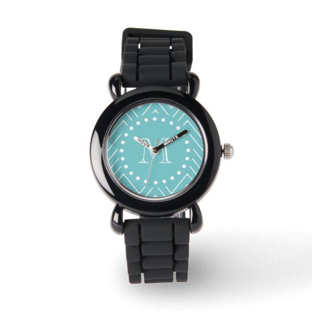 Reloj De Pulsera Patrón de cheurón verde azulado | Monograma Verde  (Anverso)