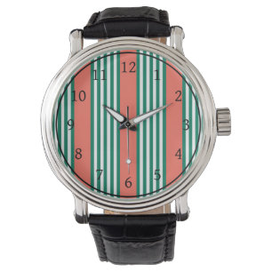 Reloj De Pulsera Patrón de cinco rayas verdes y blancas con coral