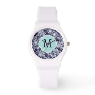 Reloj De Pulsera Patrón de clave griega blanca y azul de la marina
