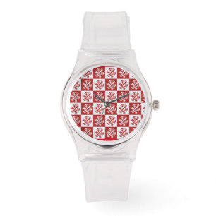 Reloj De Pulsera Patrón de copo de nieve de comprobación rojo/bla