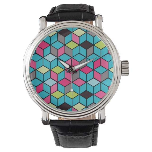 Reloj De Pulsera Patrón de cubo rosa y turquesa (Anverso)