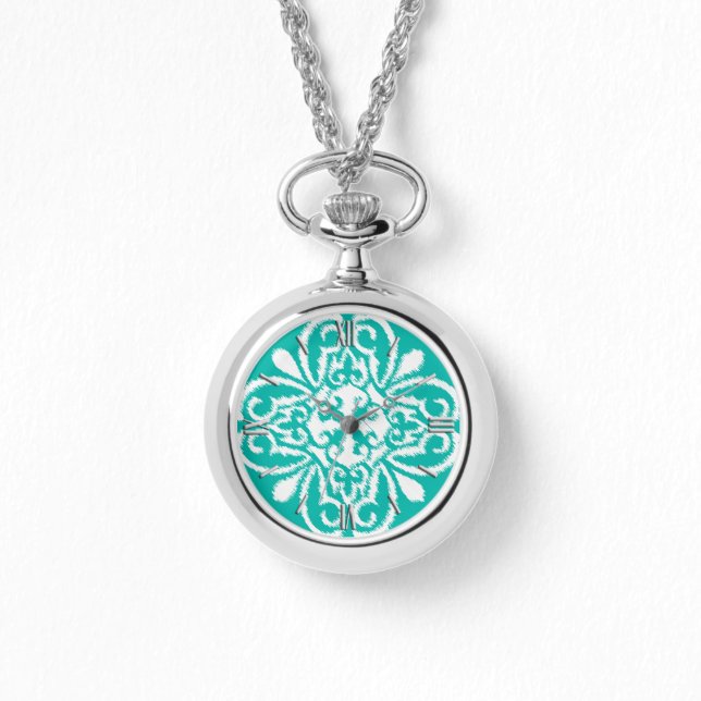 Reloj De Pulsera Patrón de damasco de Ikat - turquesa y blanco (Anverso)
