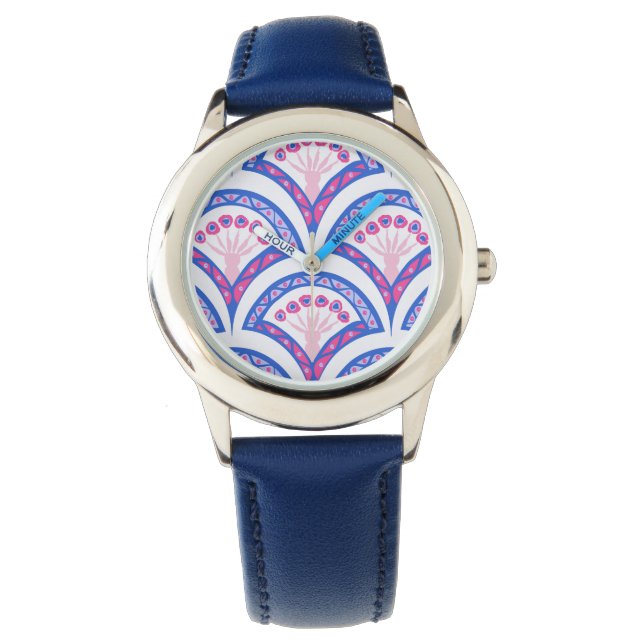 Reloj De Pulsera patrón de damasco floral azul (Anverso)