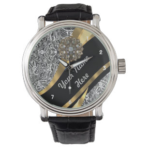 Reloj De Pulsera Patrón de damasco floral blanco y negro